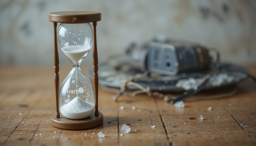 Hourglass beside phone symbolizing time as a weapon in silence