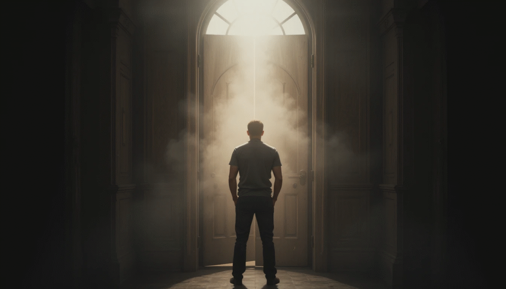 Figure deciding whether to open door representing selective re-entry